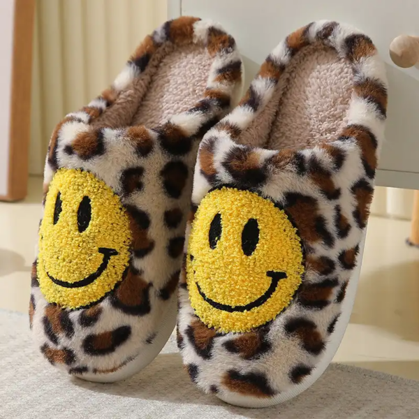 Leopard Print Fluffy Slippers with Smiley Face - Image 2