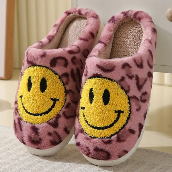 Leopard Print Fluffy Slippers with Smiley Face - Image 5