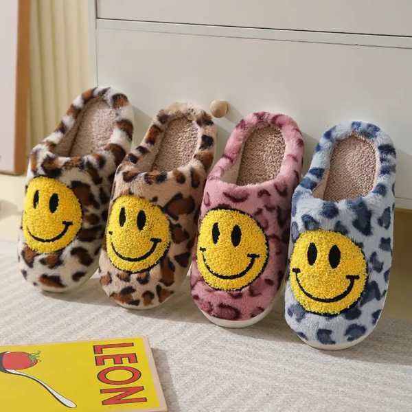 Leopard Print Fluffy Slippers with Smiley Face