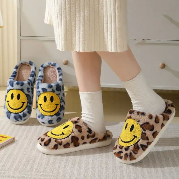 Leopard Print Fluffy Slippers with Smiley Face - Image 6