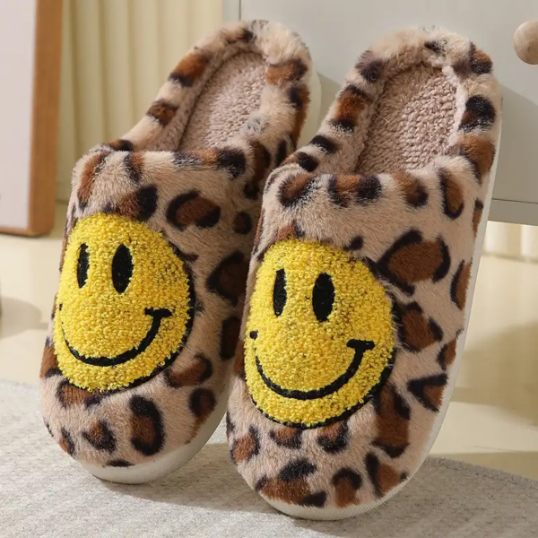 Leopard Print Fluffy Slippers with Smiley Face - Image 3